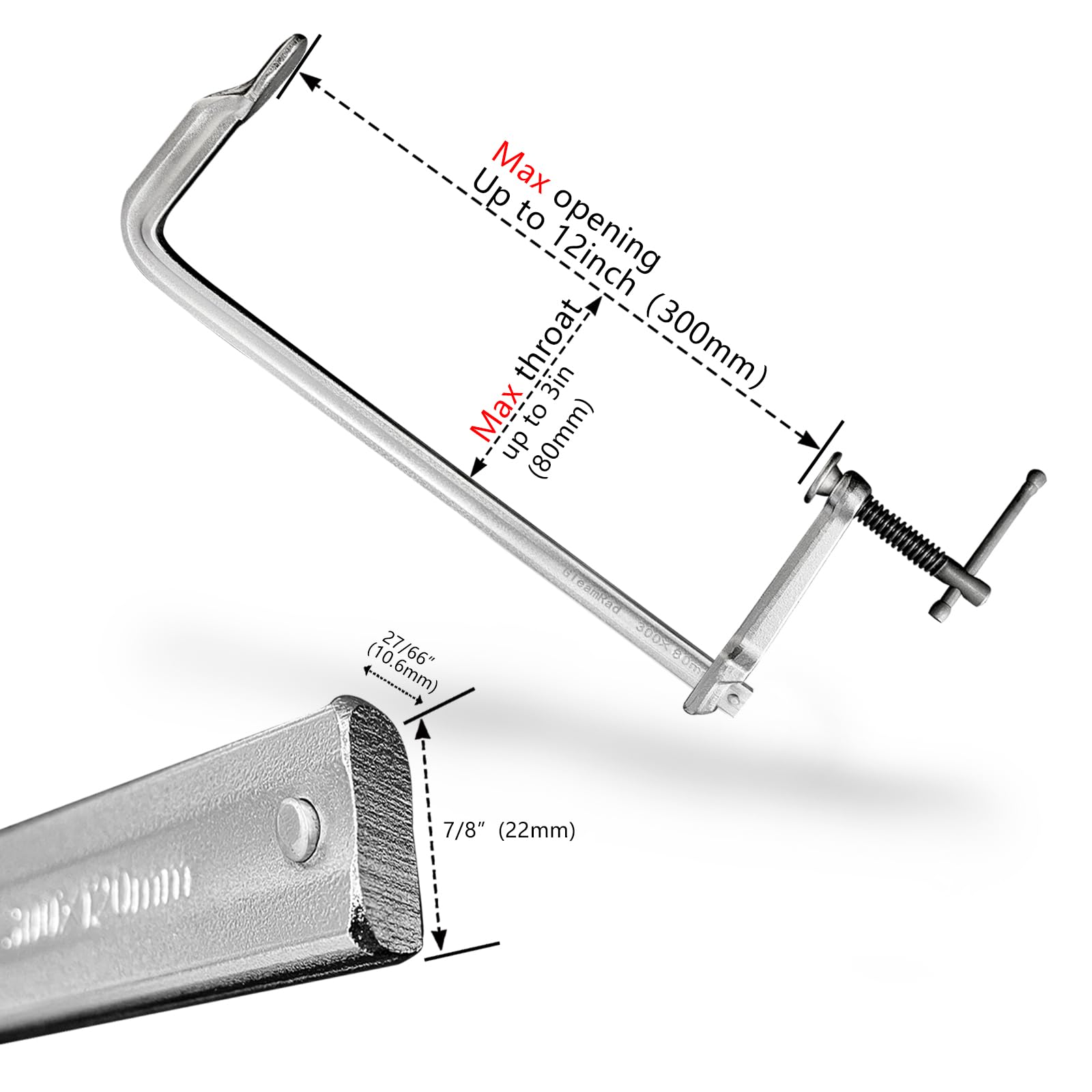 GleamRad 12-inch F-clamp throat depth 3 inches for large workpieces.