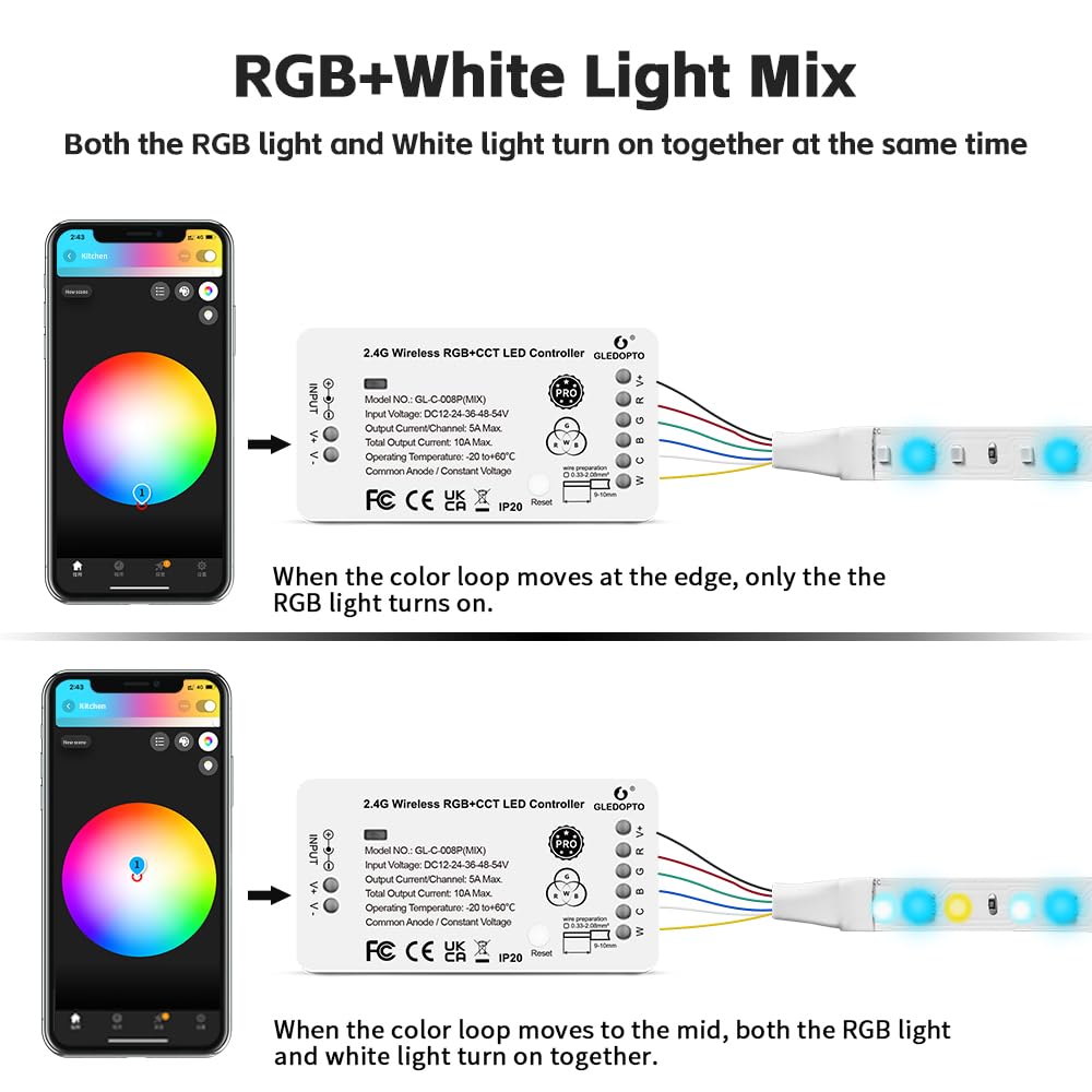 GLEDOPTO ZigBee 3.0 RGB+CCT controller installed with LED strip setup