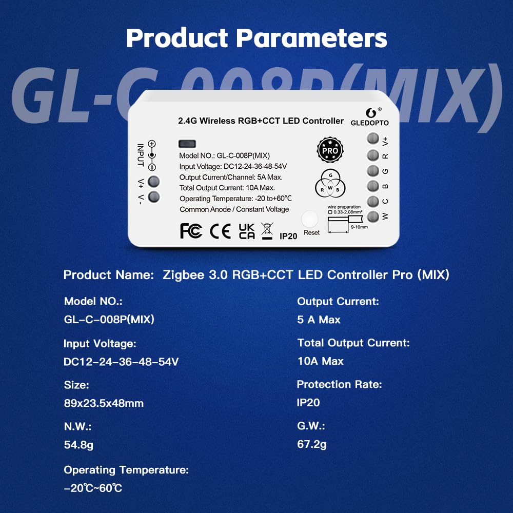 GLEDOPTO controller wired for 12V–54V LED strips for versatile setups