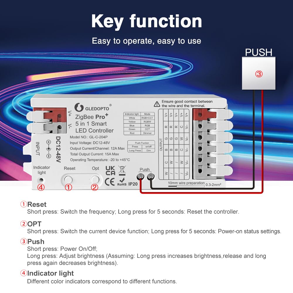 GLEDOPTO ZigBee3.0 controller indicator lights show active mode.