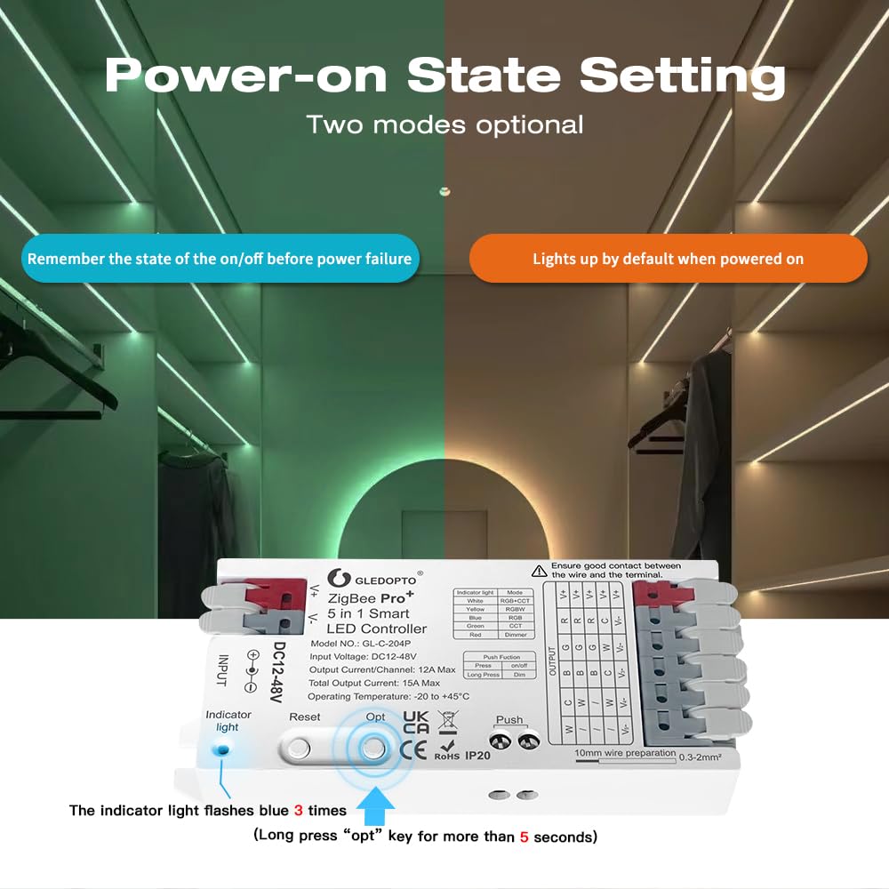 GLEDOPTO ZigBee3.0 controller power-on memory preserves last color.