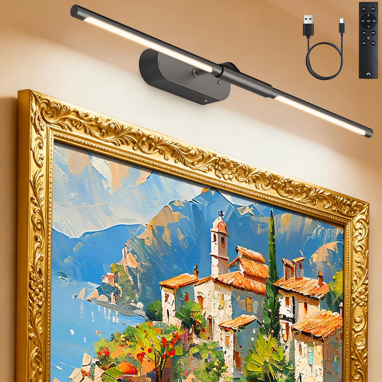 Glendan wireless picture light 24-inch bar delivering full-frame coverage for artwork.