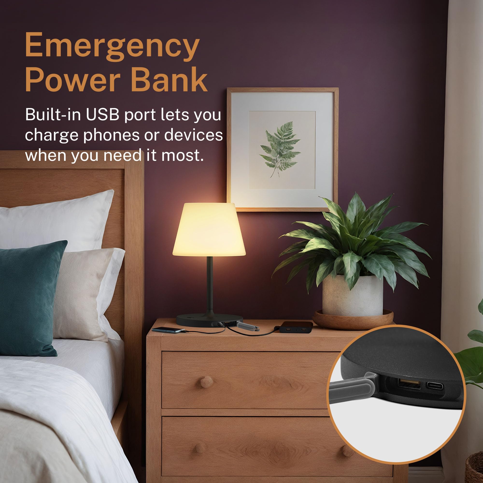 Glendora cordless lamp USB charging port enables device power on the go