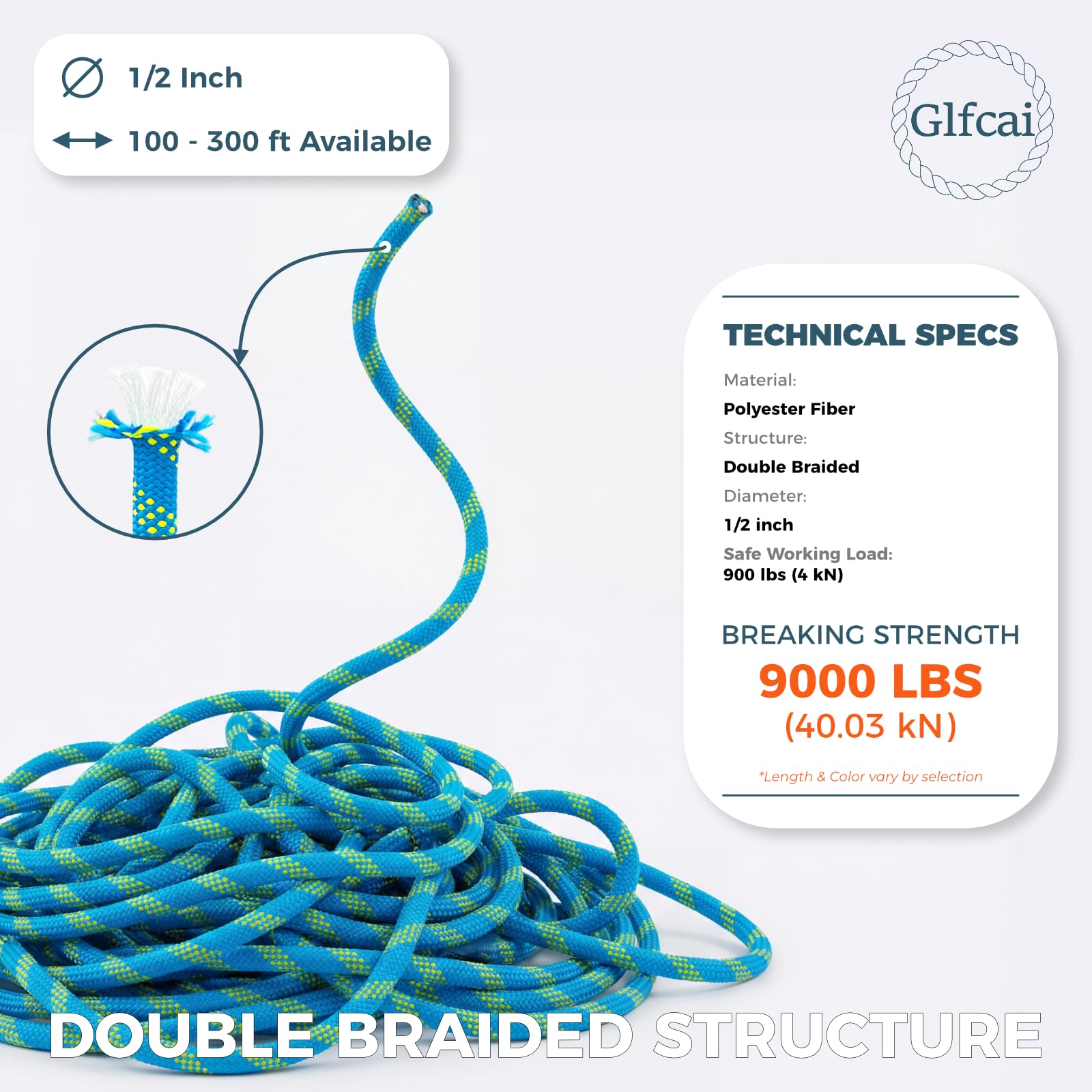 Glfcai all-weather polyester construction rope resists sun, moisture, and chemicals for year-round use.