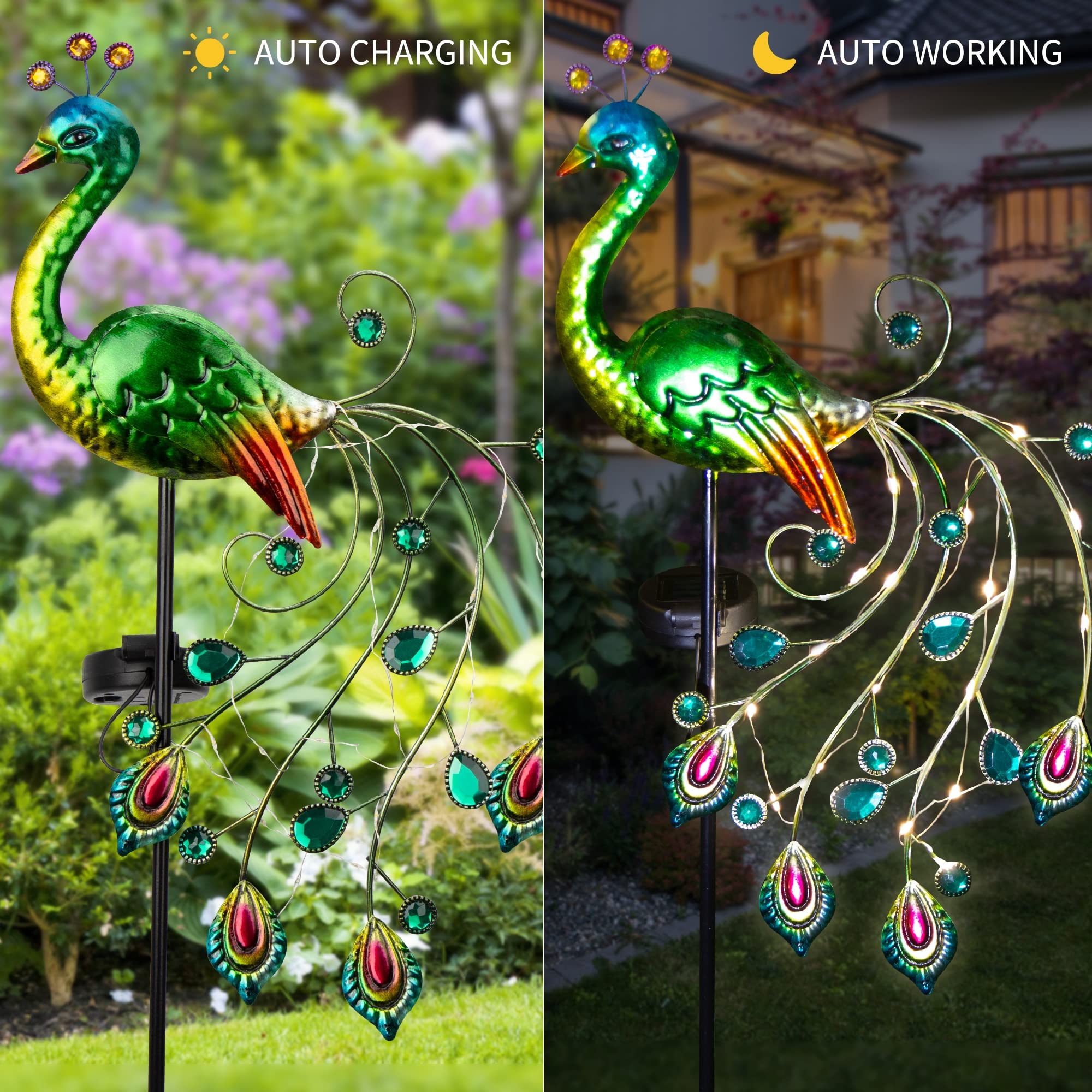 Glintoper peacock LED copper tail lights provide soft outdoor illumination.