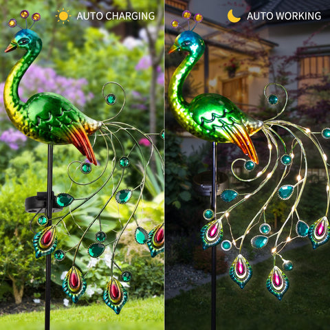 Glintoper peacock LED copper tail lights provide soft outdoor illumination.