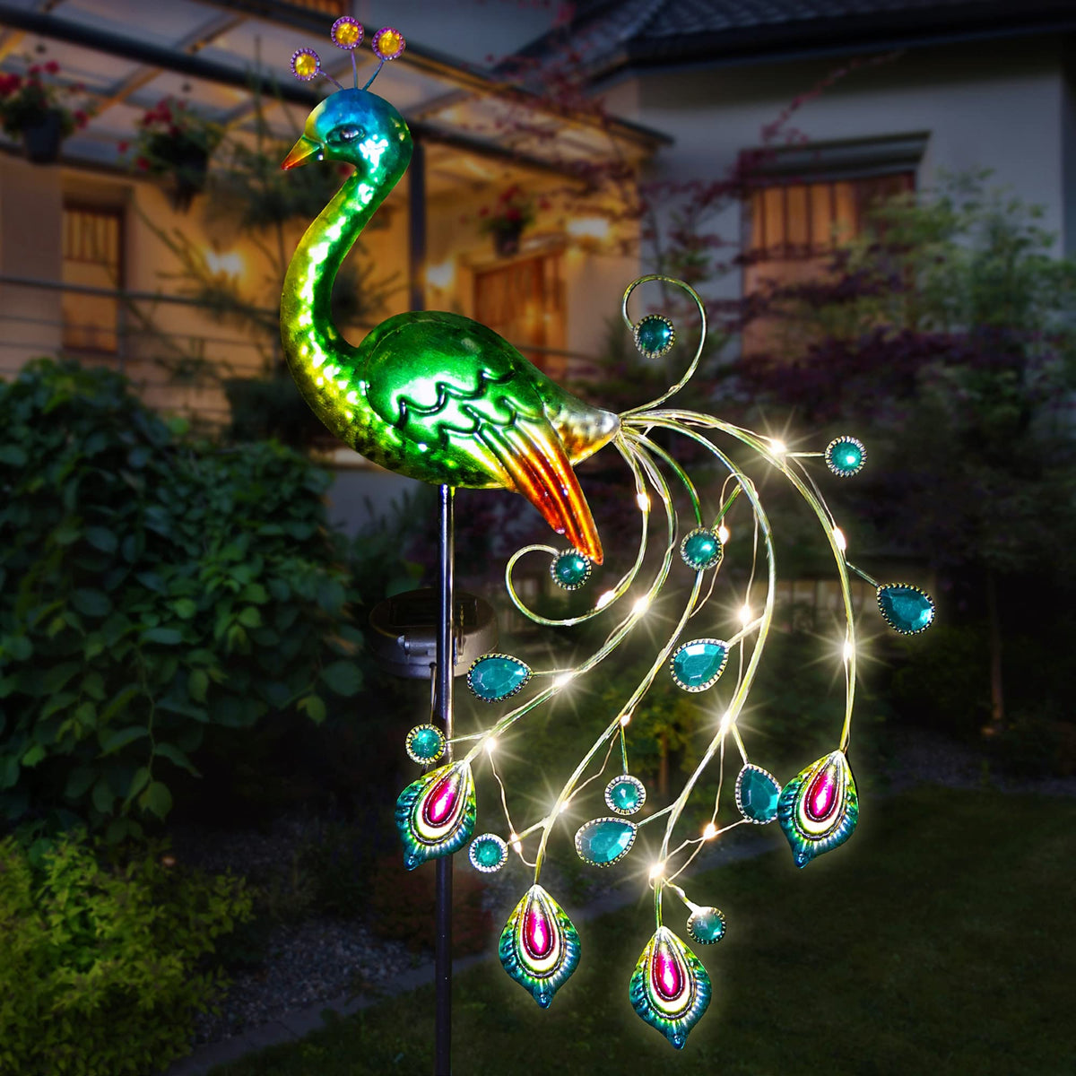 Glintoper solar garden lights peacock stand brighten patios at dusk.