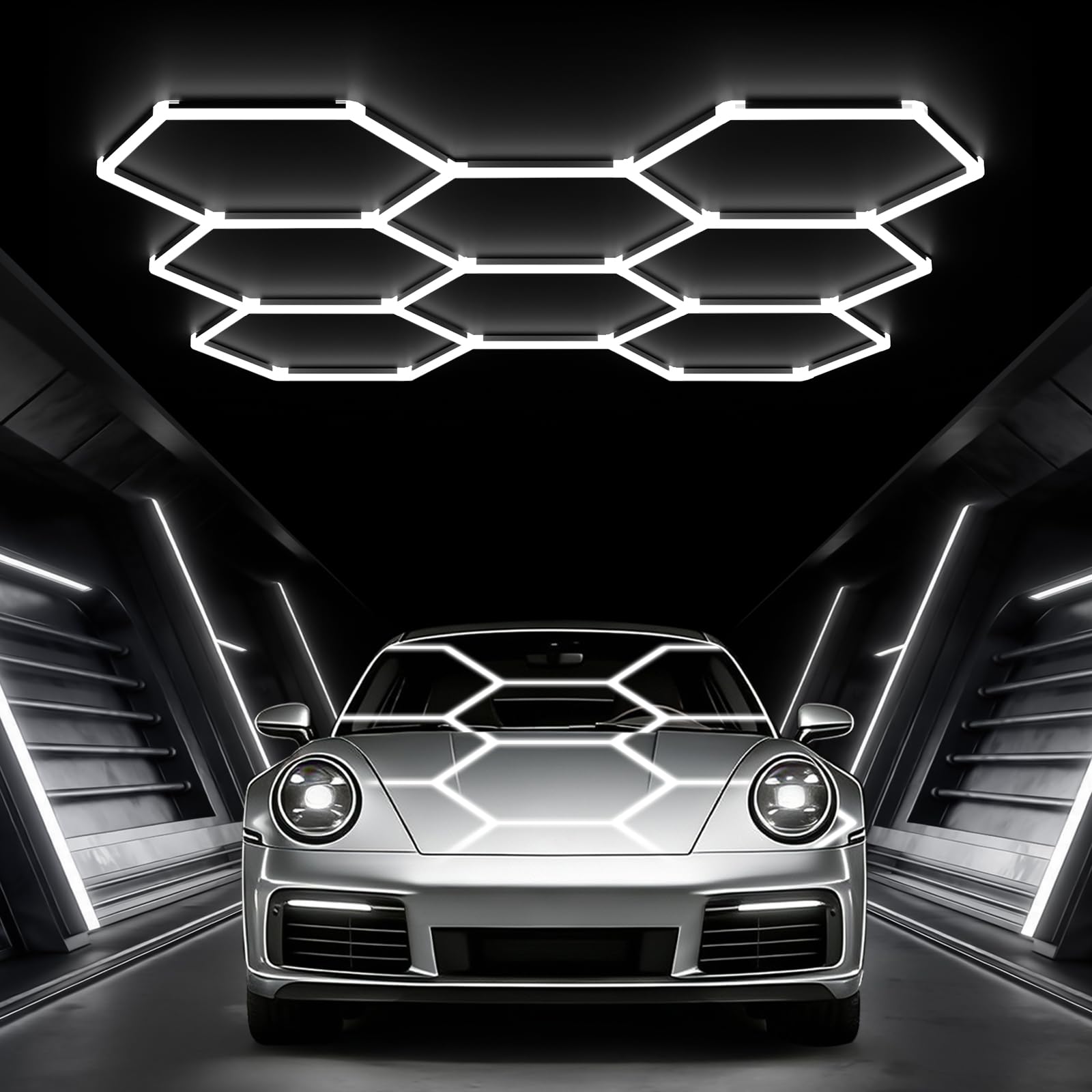 Glitgate Hexagon LED Garage Light showing wide coverage for detailing.