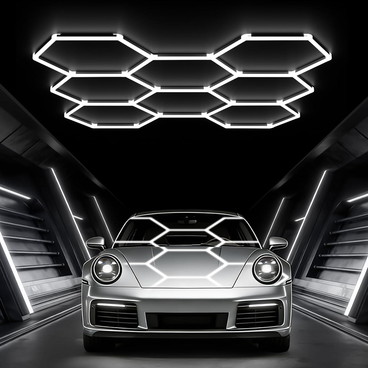 Glitgate Hexagon LED Garage Light showing wide coverage for detailing.