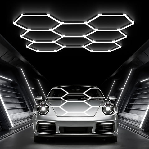 Glitgate Hexagon LED Garage Light showing wide coverage for detailing.