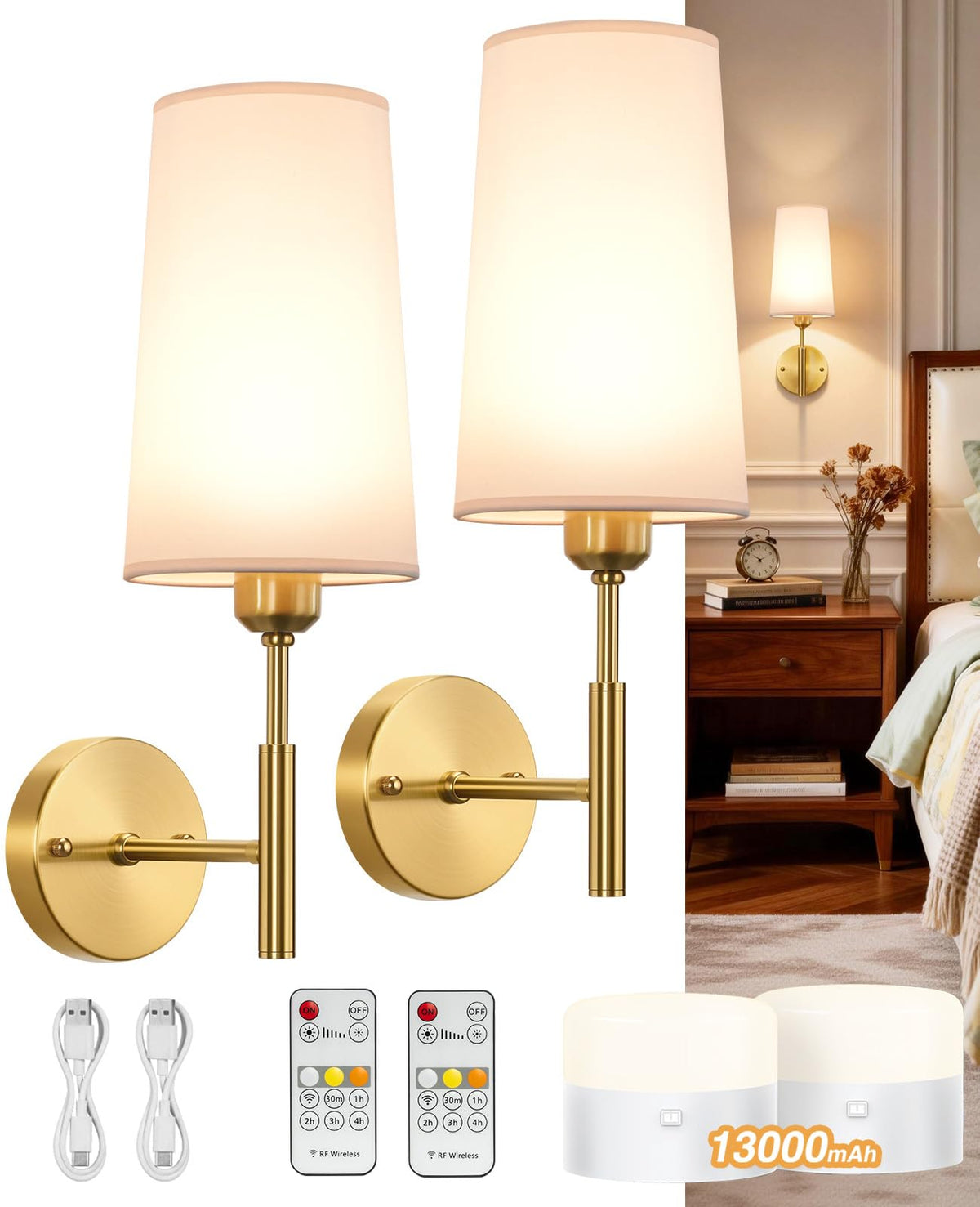 Glitnous gold battery wall sconce adds ambient bedroom lighting with wireless convenience