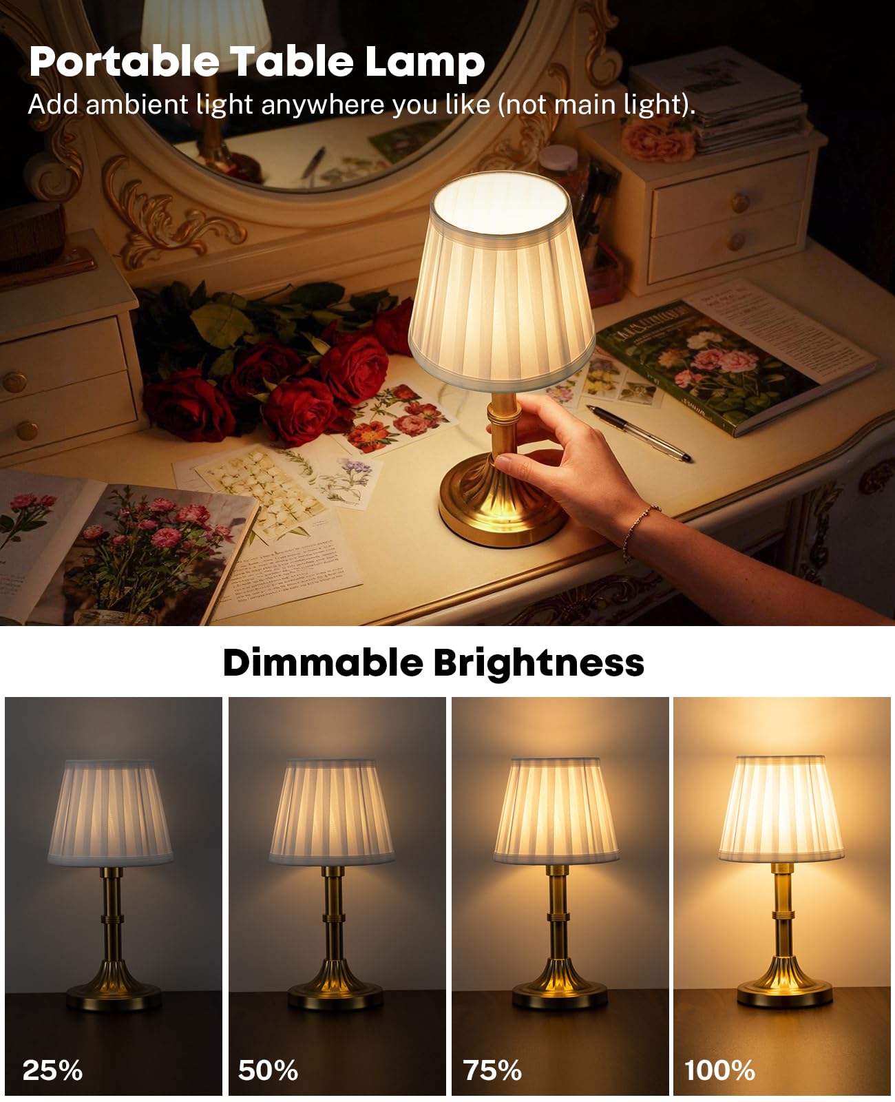 Glitnous compact table lamp shown on a desk with cord-free portability.