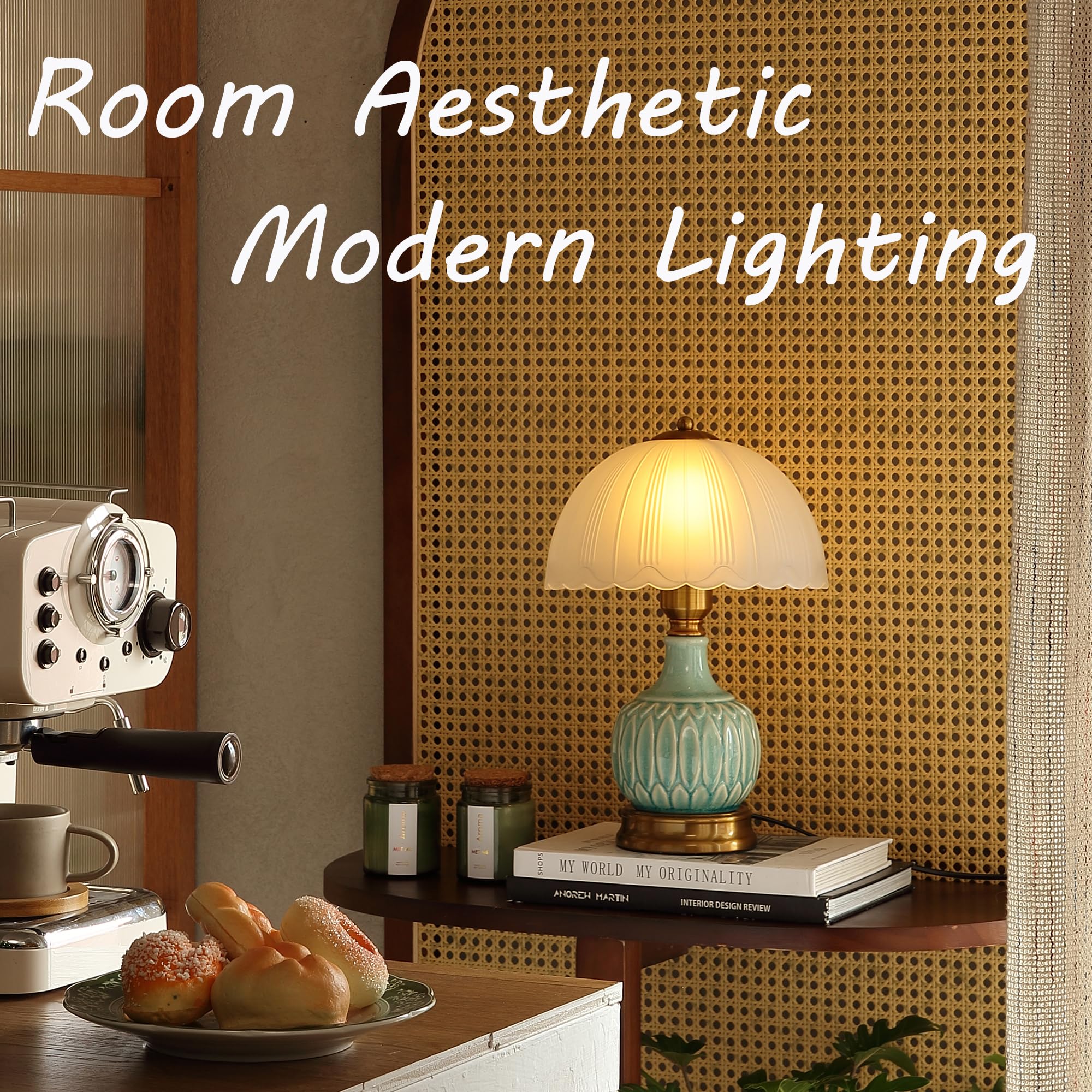 Glivpny hand-blown lampshade detail enhances retro aesthetic.