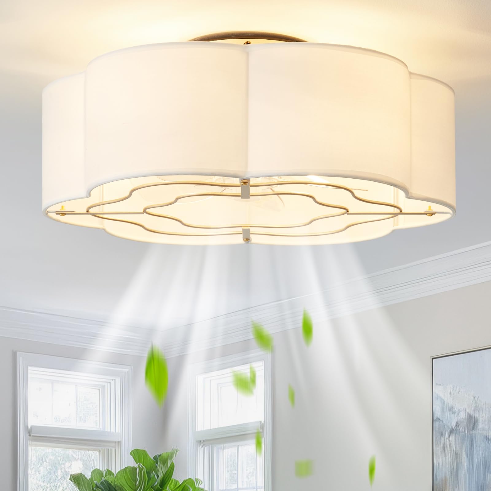 Glmthux caged ceiling fan with light, front view, showcasing boho design and gentle illumination.