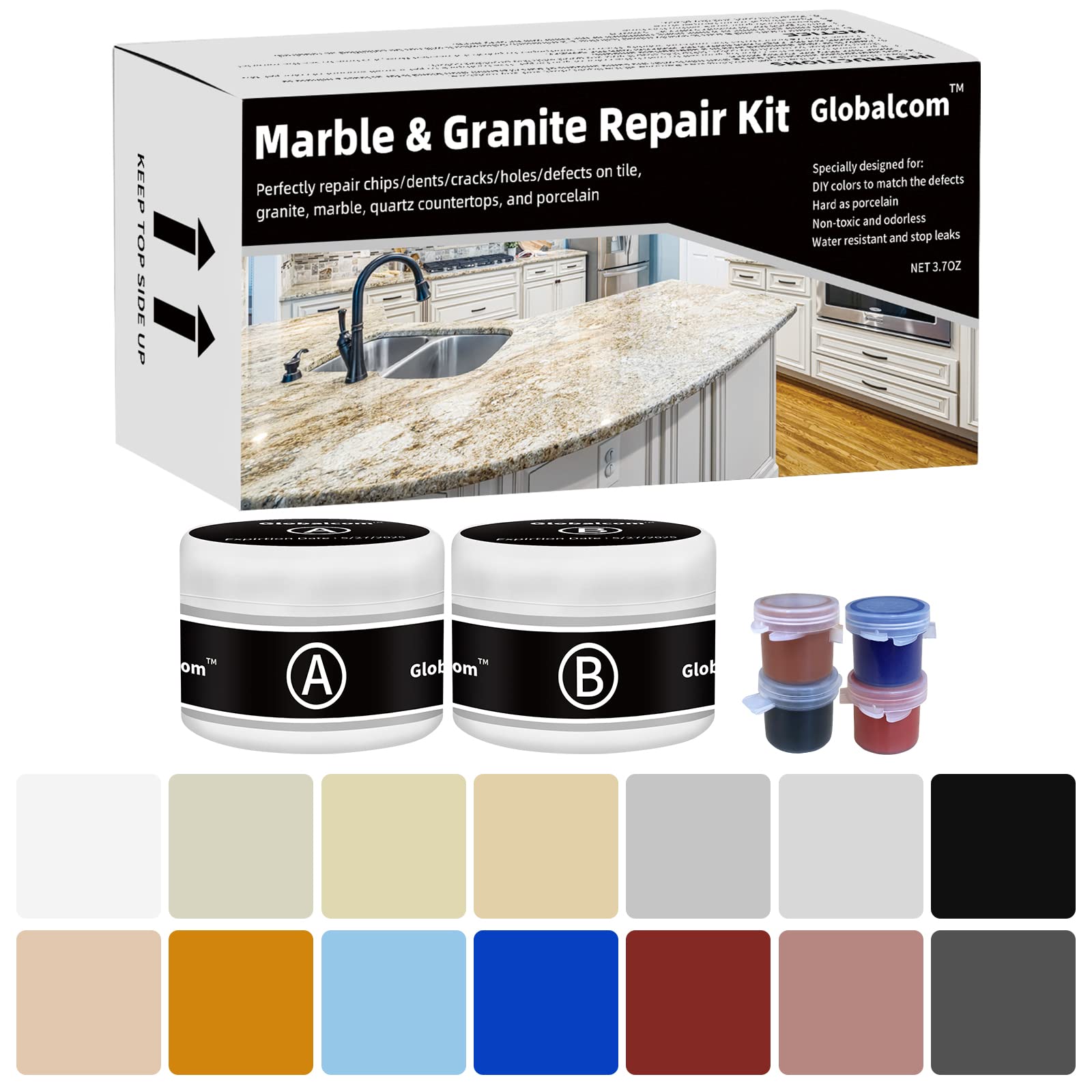 Globalcom Marble and Granite Repair Kit for porcelain surface restores chips with a durable finish