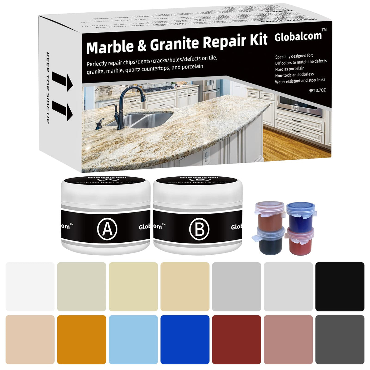 Globalcom Marble and Granite Repair Kit for porcelain surface restores chips with a durable finish