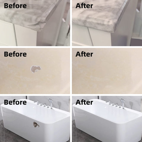 Globalcom repair on porcelain tile demonstrating seamless edge restoration