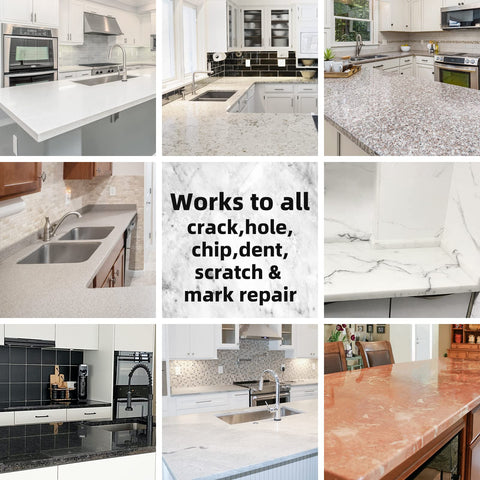 Globalcom repair on quartz countertop highlighting chip fixing