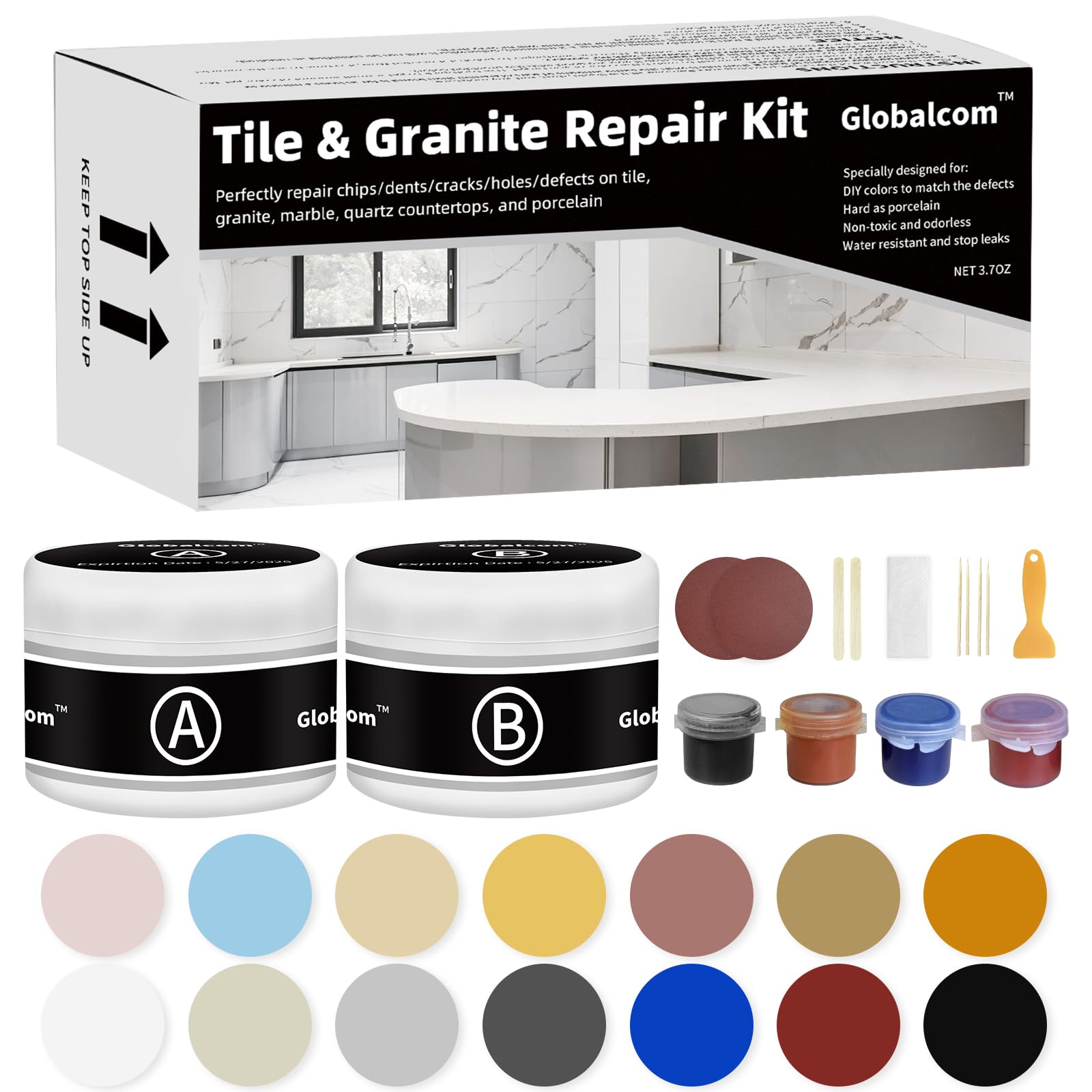 Globalcom repair kit box shown for quick at-home restoration of damaged surfaces