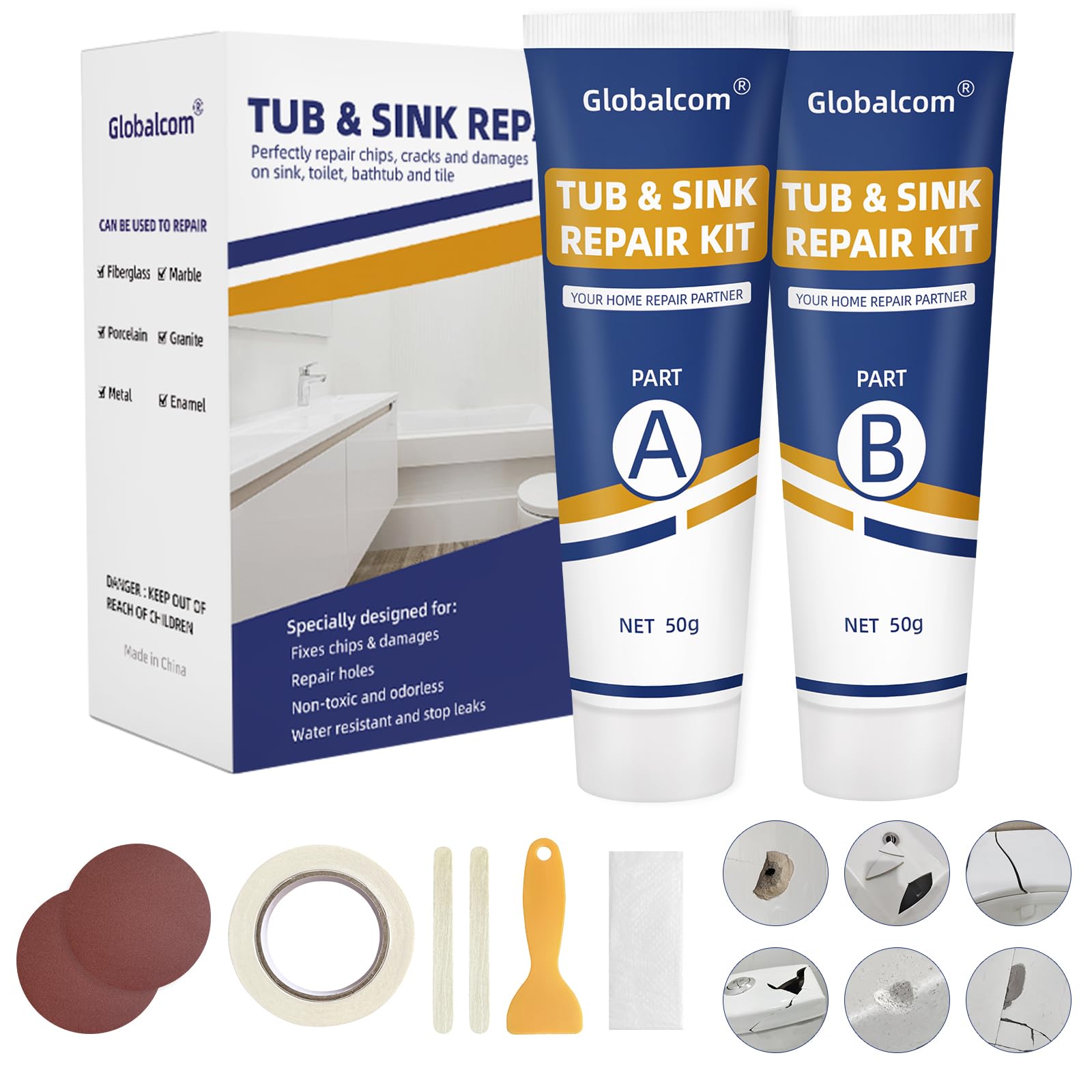 Globalcom Tub Repair Kit White box and tools for easy DIY repairs