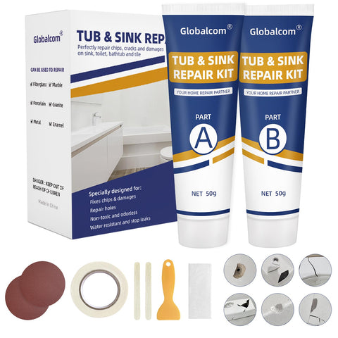 Globalcom Tub Repair Kit White box and tools for easy DIY repairs