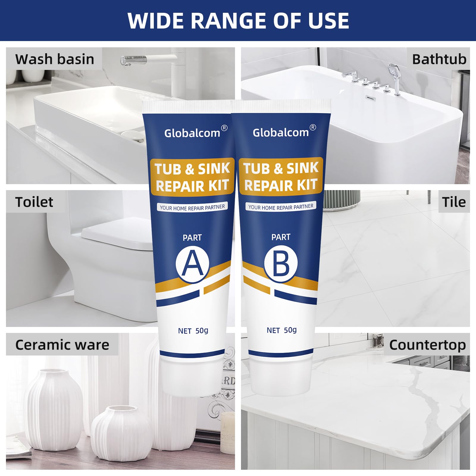 Globalcom Tub Repair Kit White suitable for fiberglass porcelain and ceramic surfaces
