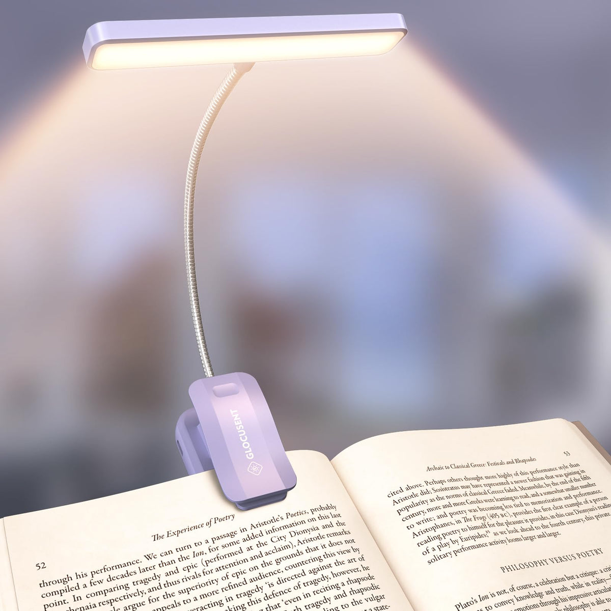 Glocusent book light with a 4.3 inch head for wide, shadow-free reading