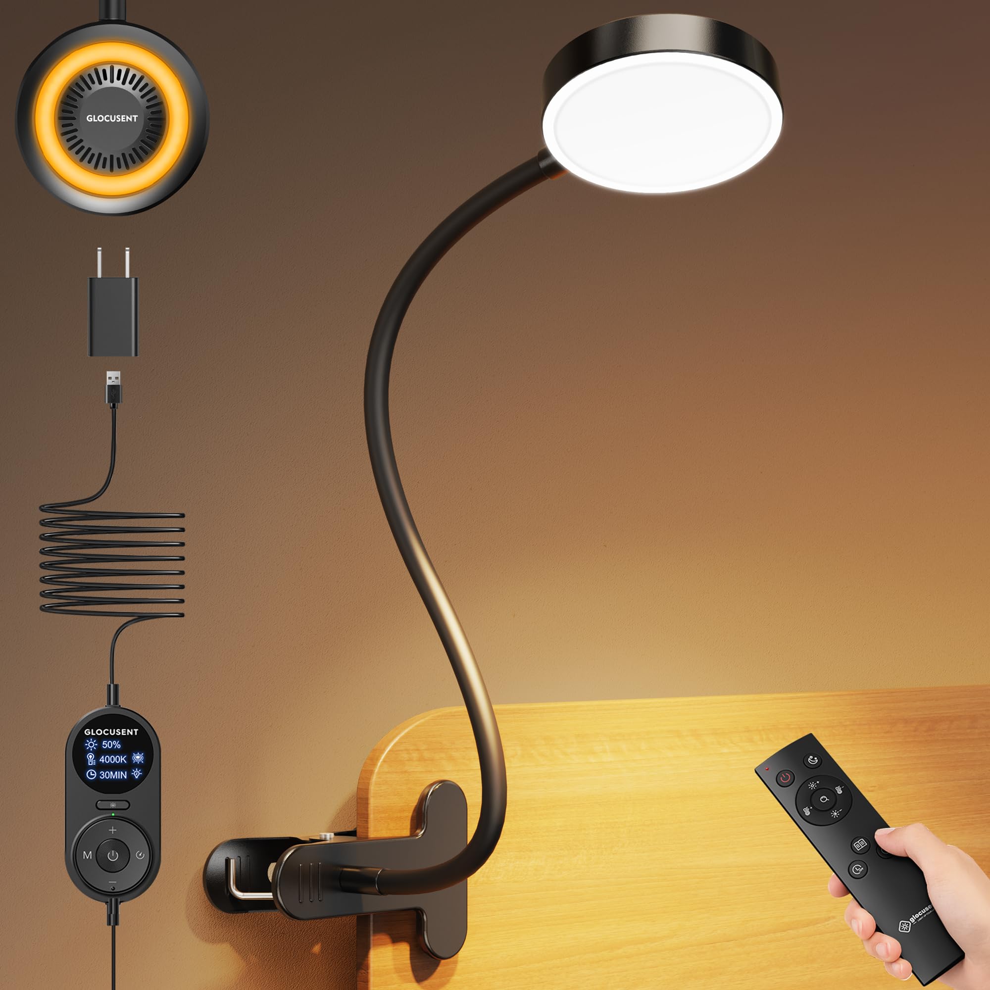 Glocusent 72 LED clip-on lamp with amber ring provides gentle, eye-friendly bedside lighting