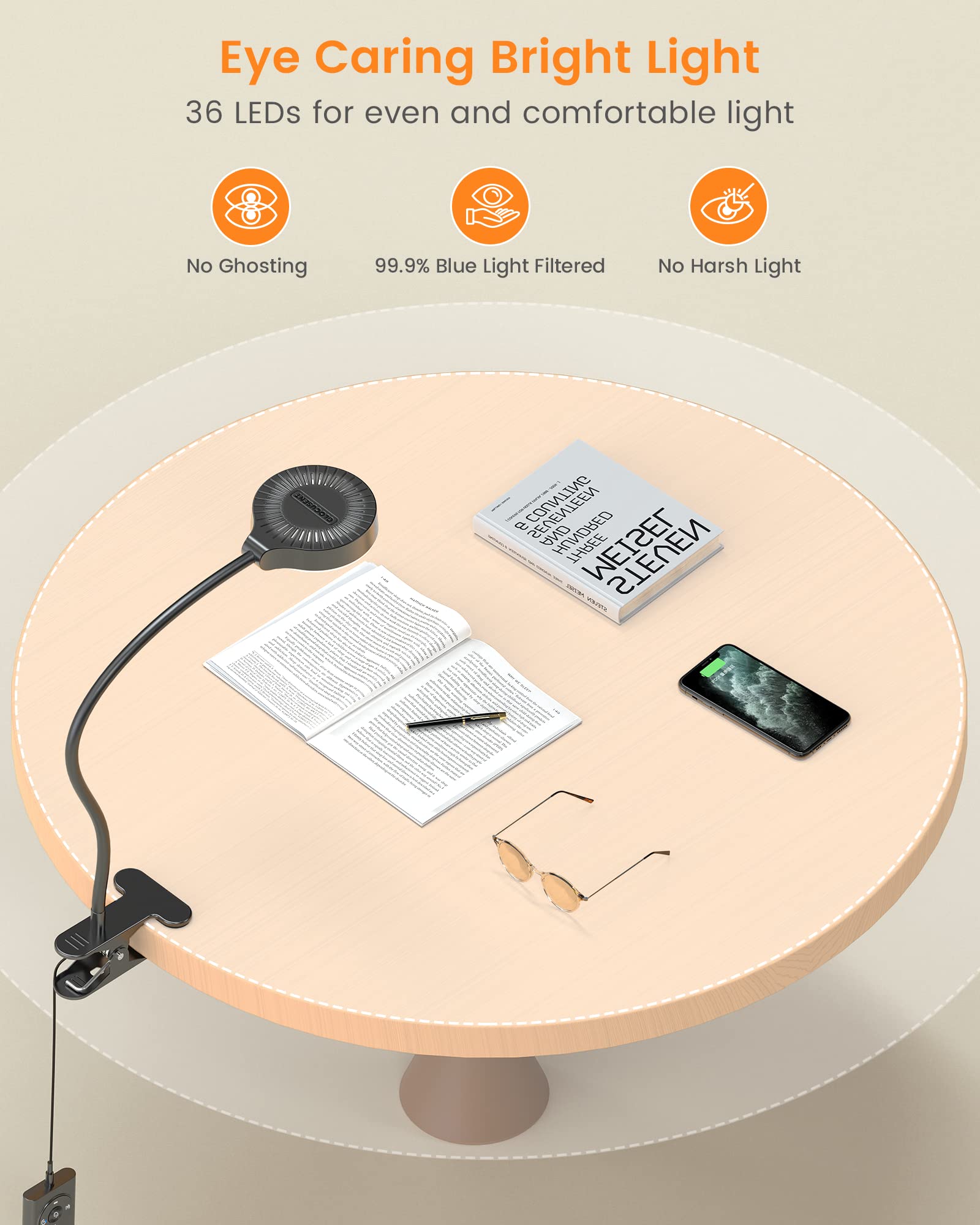 Amber mode warm reading light from Glocusent for eye-friendly evenings.