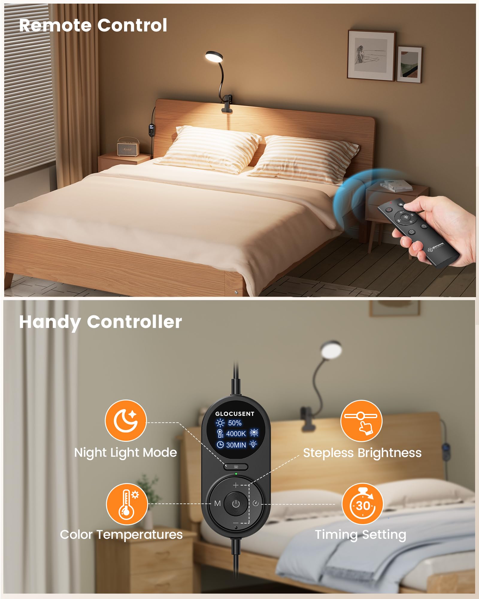 Glocusent bed-reading light offers 3 color modes for night reading and daytime work