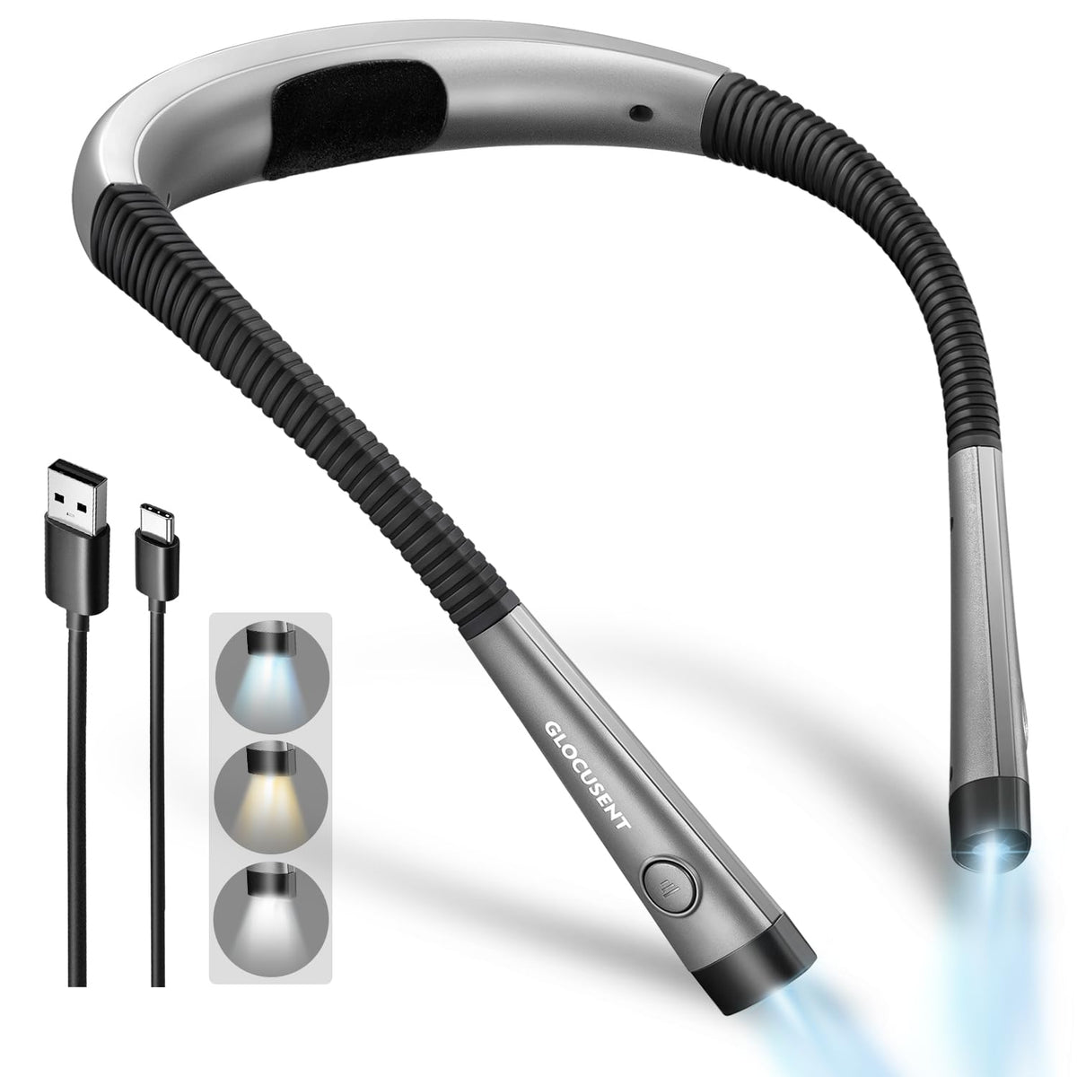 Glocusent book light displaying 3 color modes and 6 brightness levels for flexible reading