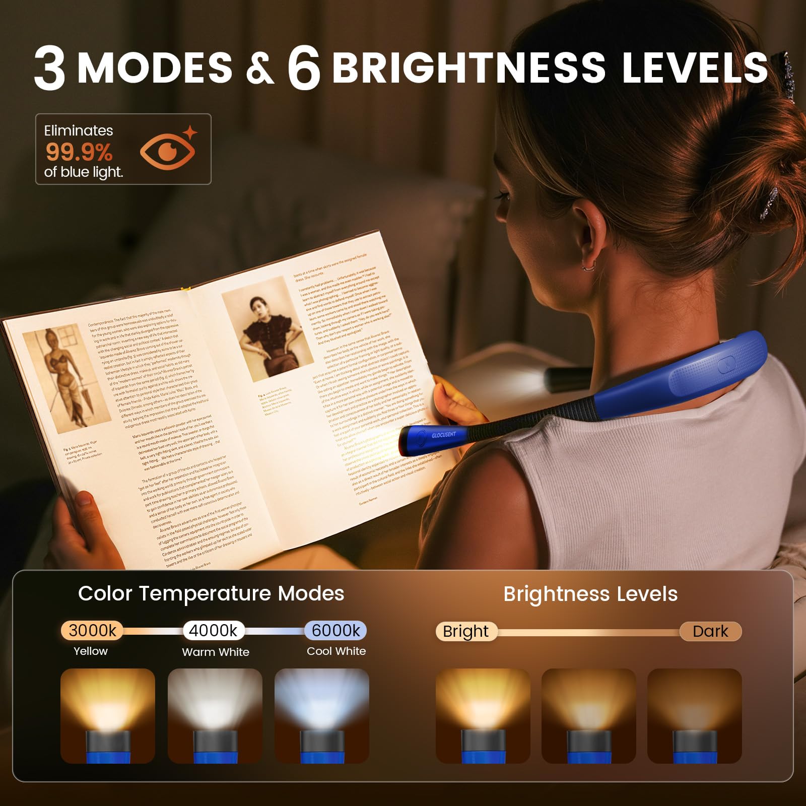 Glocusent Book Light with adjustable brightness for precise, comfortable use