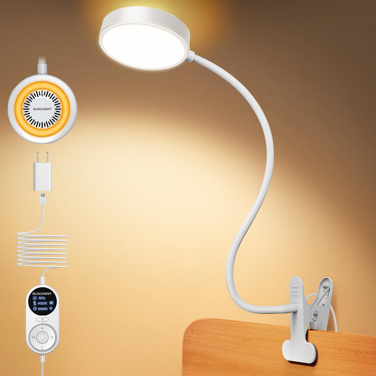Glocusent clip-on light with 72 LEDs for bright bedside illumination
