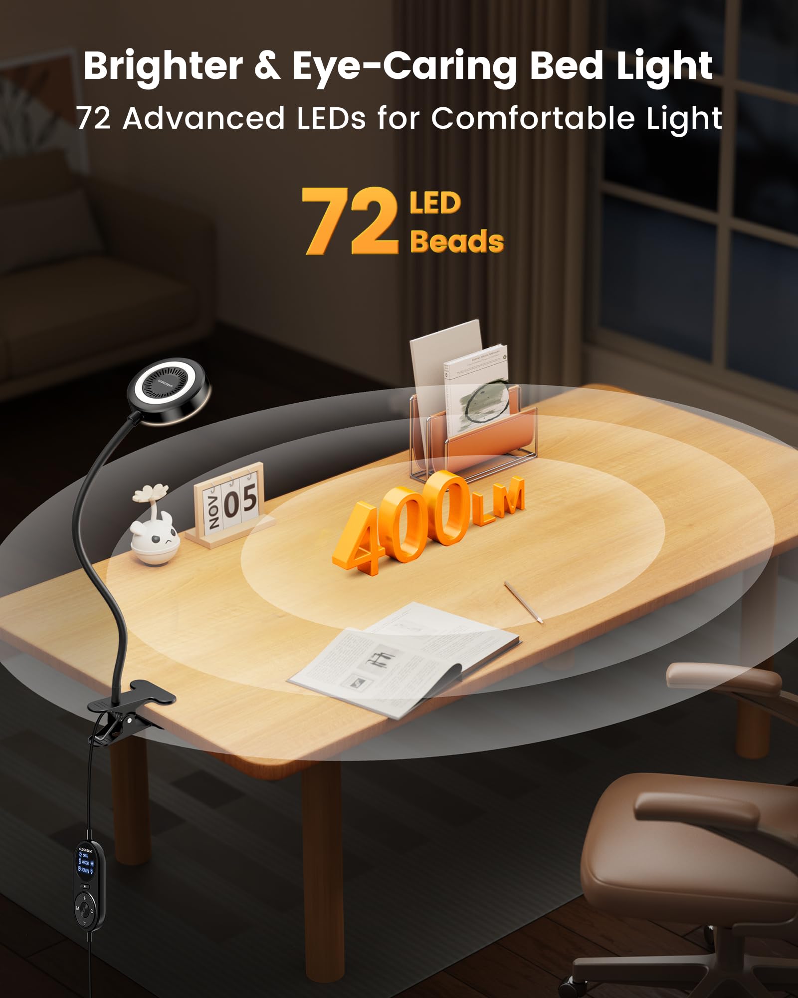 Glocusent Clip-On Light mounted on a headboard clip for versatile placement.
