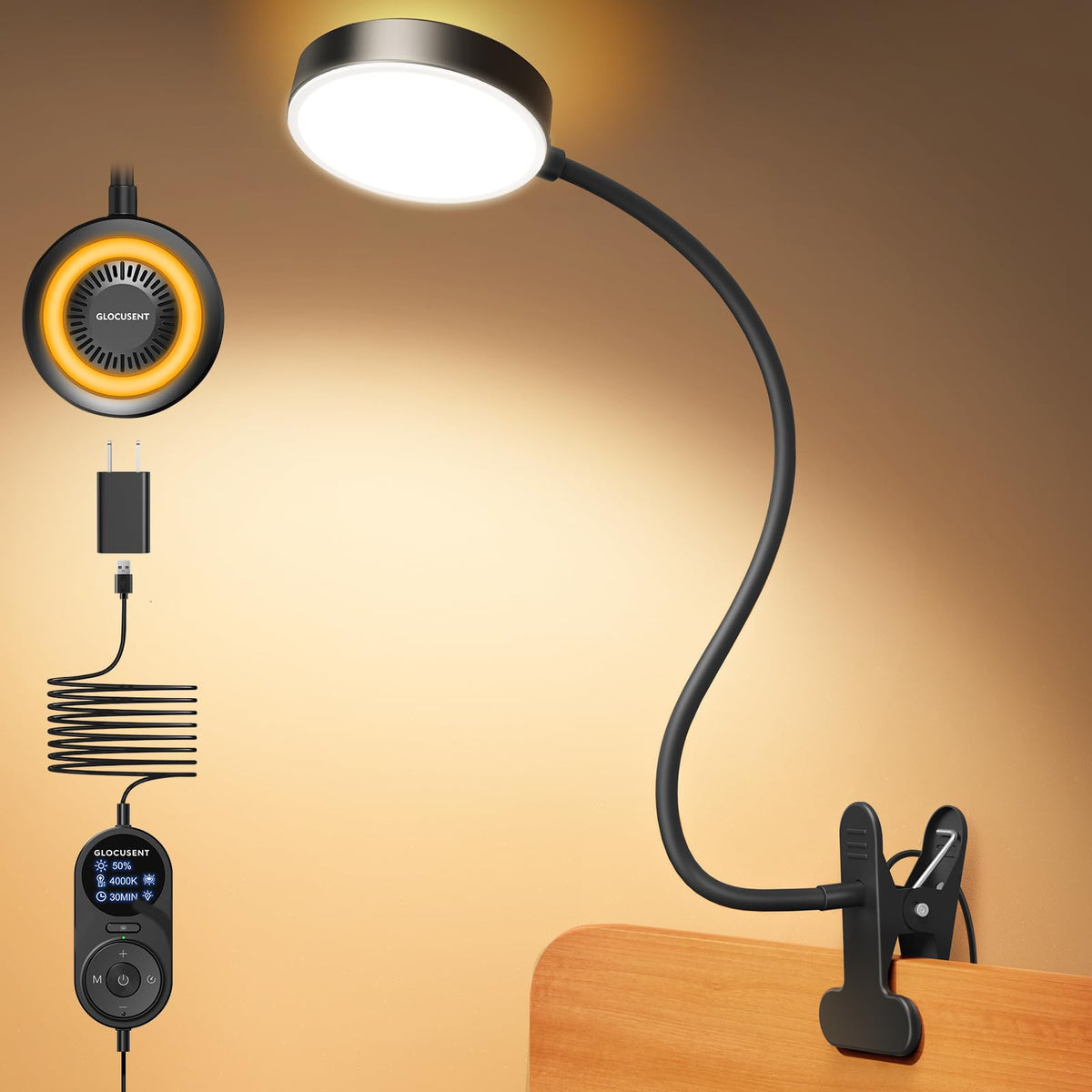 Glocusent Clip-On Light with a secure clip-attachment for stable bedside illumination.