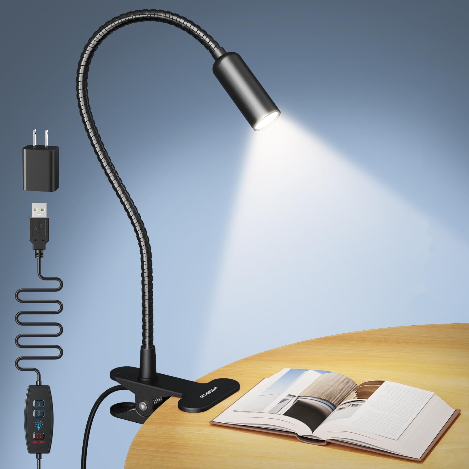 Glocusent clip-on light mounted on headboard for focused nighttime reading.
