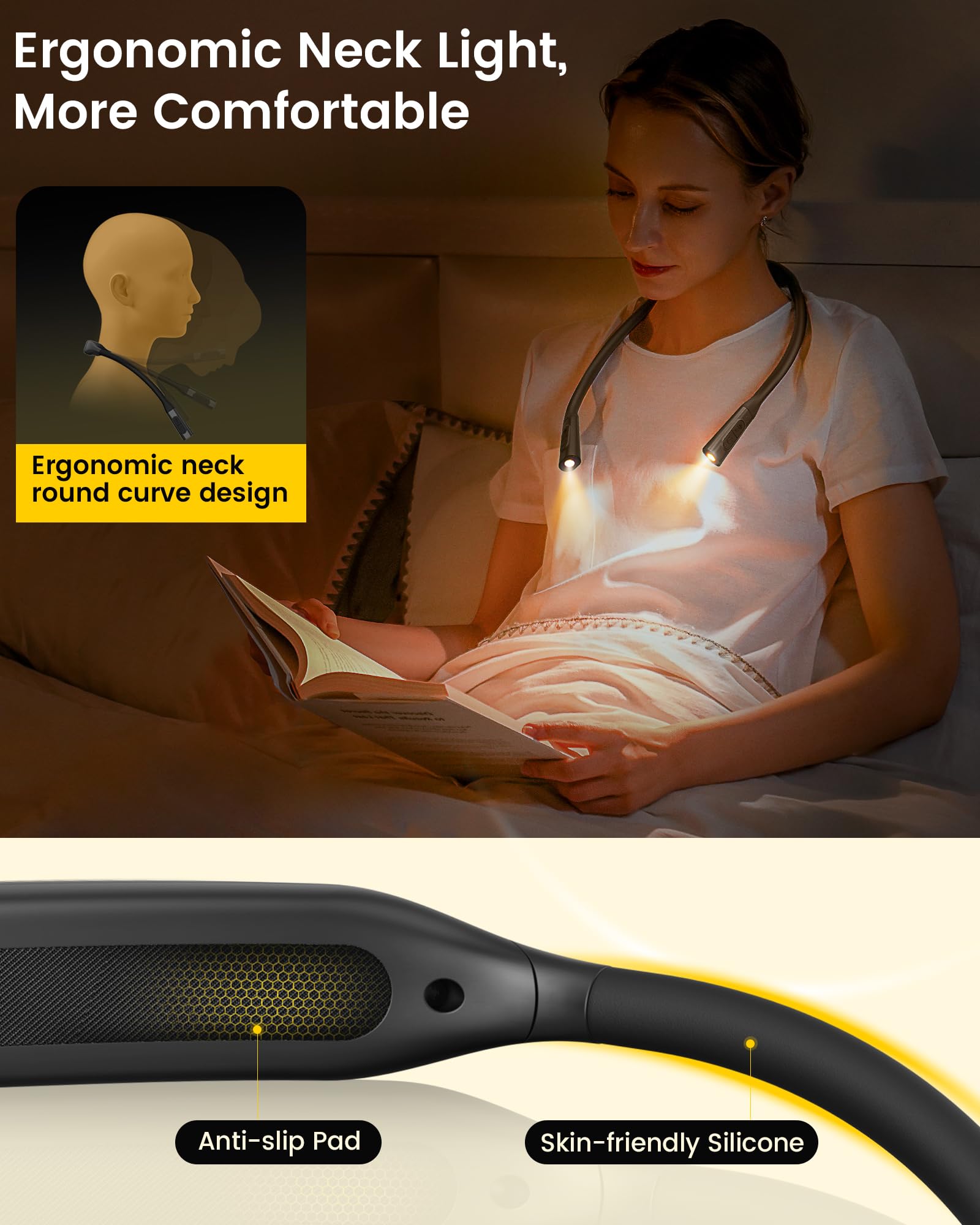 Glocusent dual side LEDs provide stable flicker-free light for focused reading