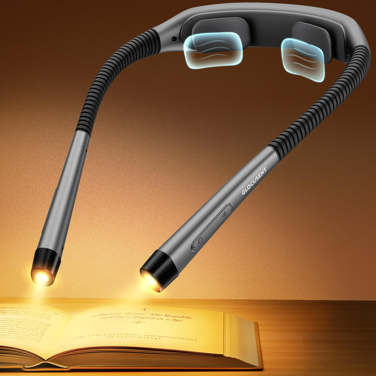 Glocusent ergonomic reading light with neck pads for comfortable, strain-free reading.