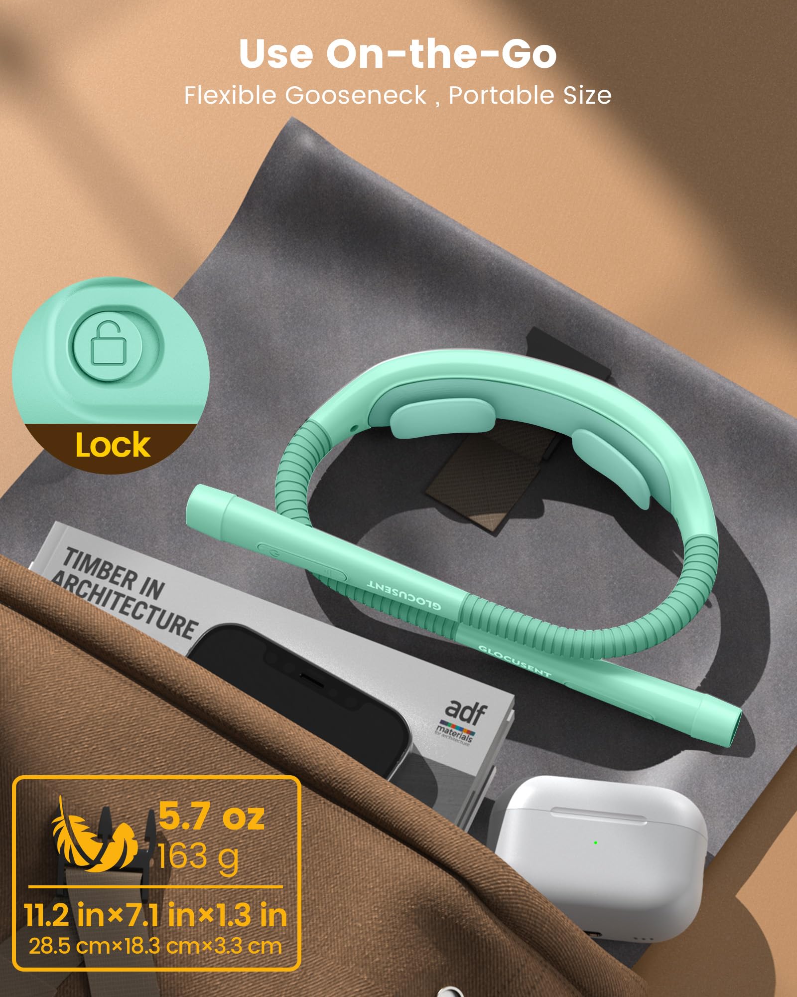 Glocusent package includes neck light, manual, charging cable, and bookmark.