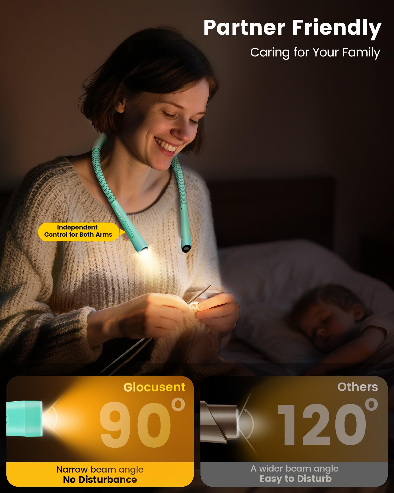 Glocusent timer and sunset dimming aid gentle bedtimes.