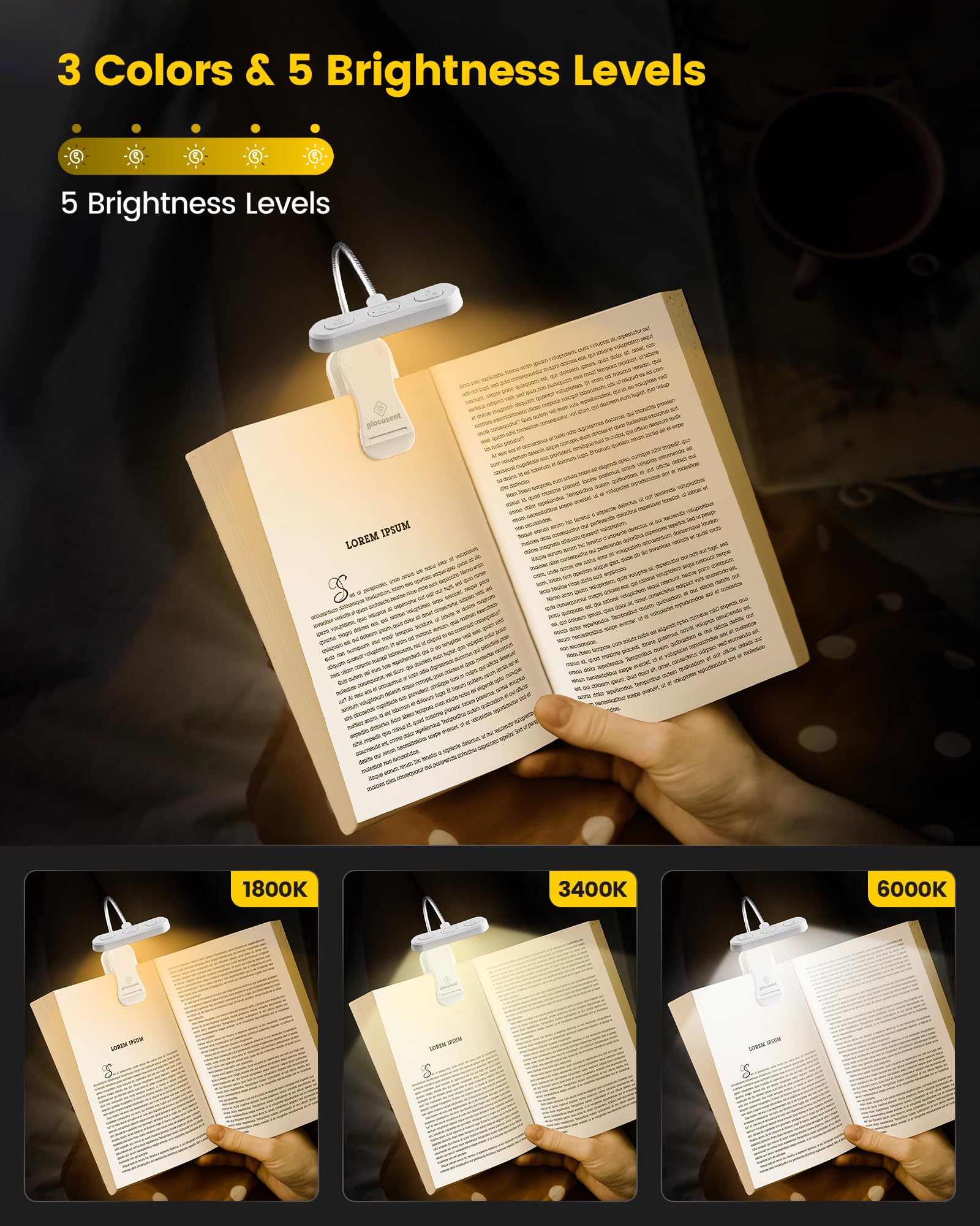Glocusent three-color brightness options for amber, soft, and natural lighting