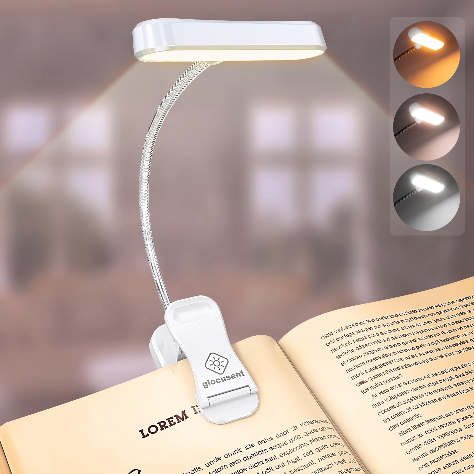 Glocusent horizontal ET-head light with wide illumination for in-bed reading comfort