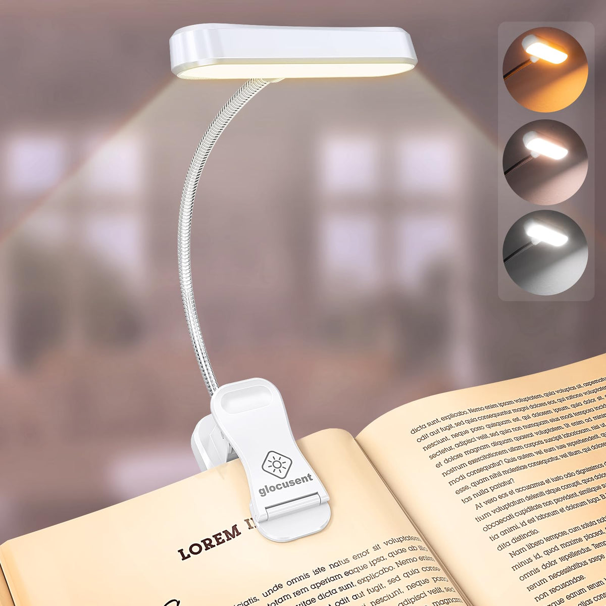 Glocusent horizontal ET-head light with wide illumination for in-bed reading comfort