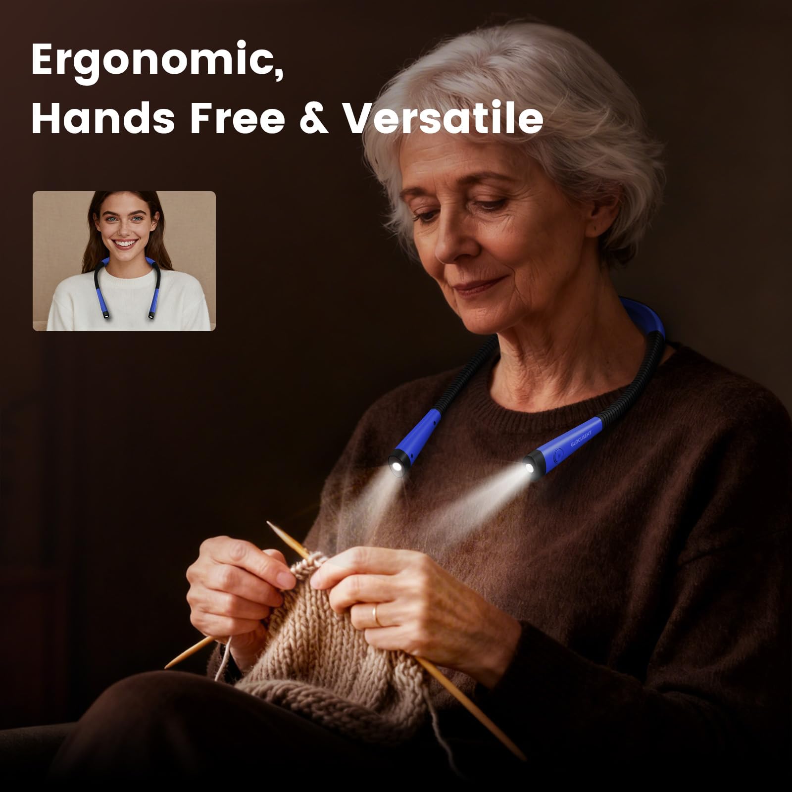 Glocusent Neck Light demonstrates ergonomic hands free design for knitting