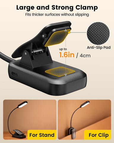 Glocusent clip-on light with soft rubber pads to protect pages.