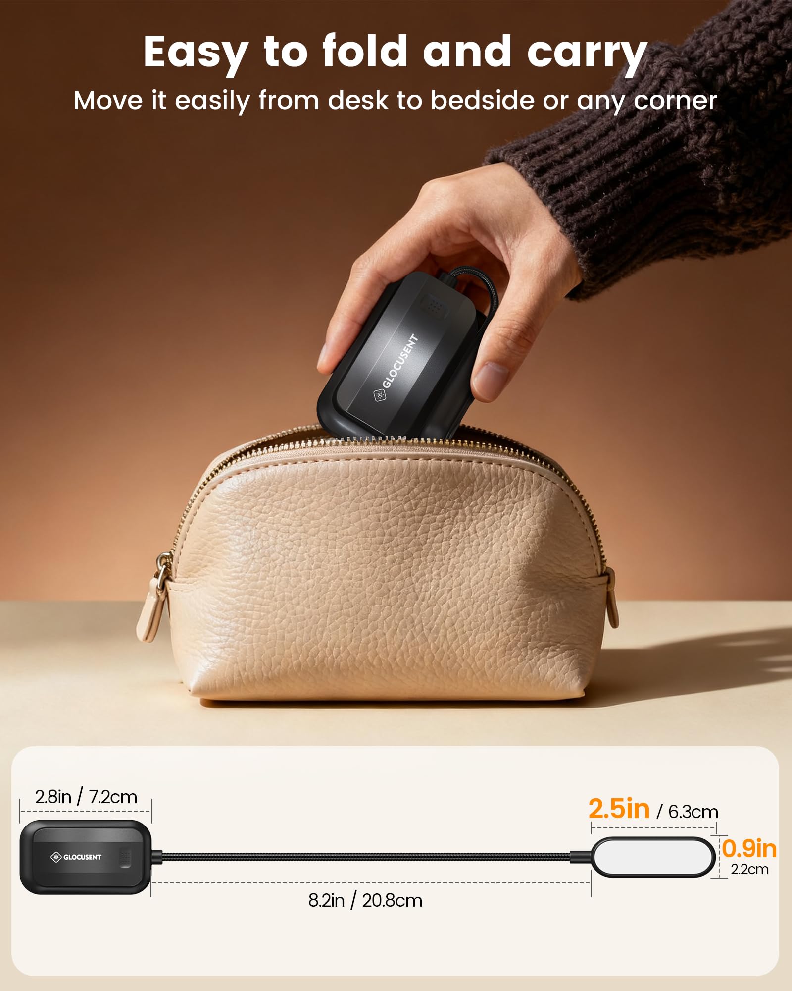 Glocusent compact lightweight design ideal for travel and bedside use.