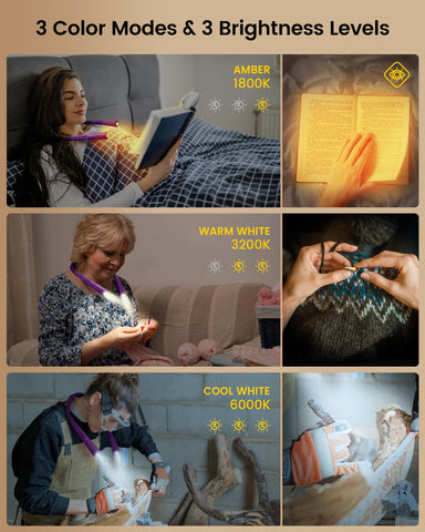 Amber 1800K mode on Glocusent neck light blocks blue light for cozy bedside reading