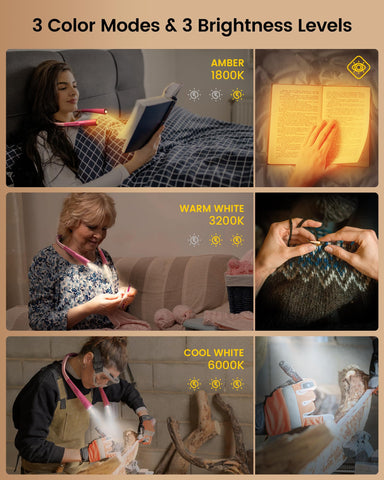 Glocusent light demonstrates three brightness levels for knitting and reading