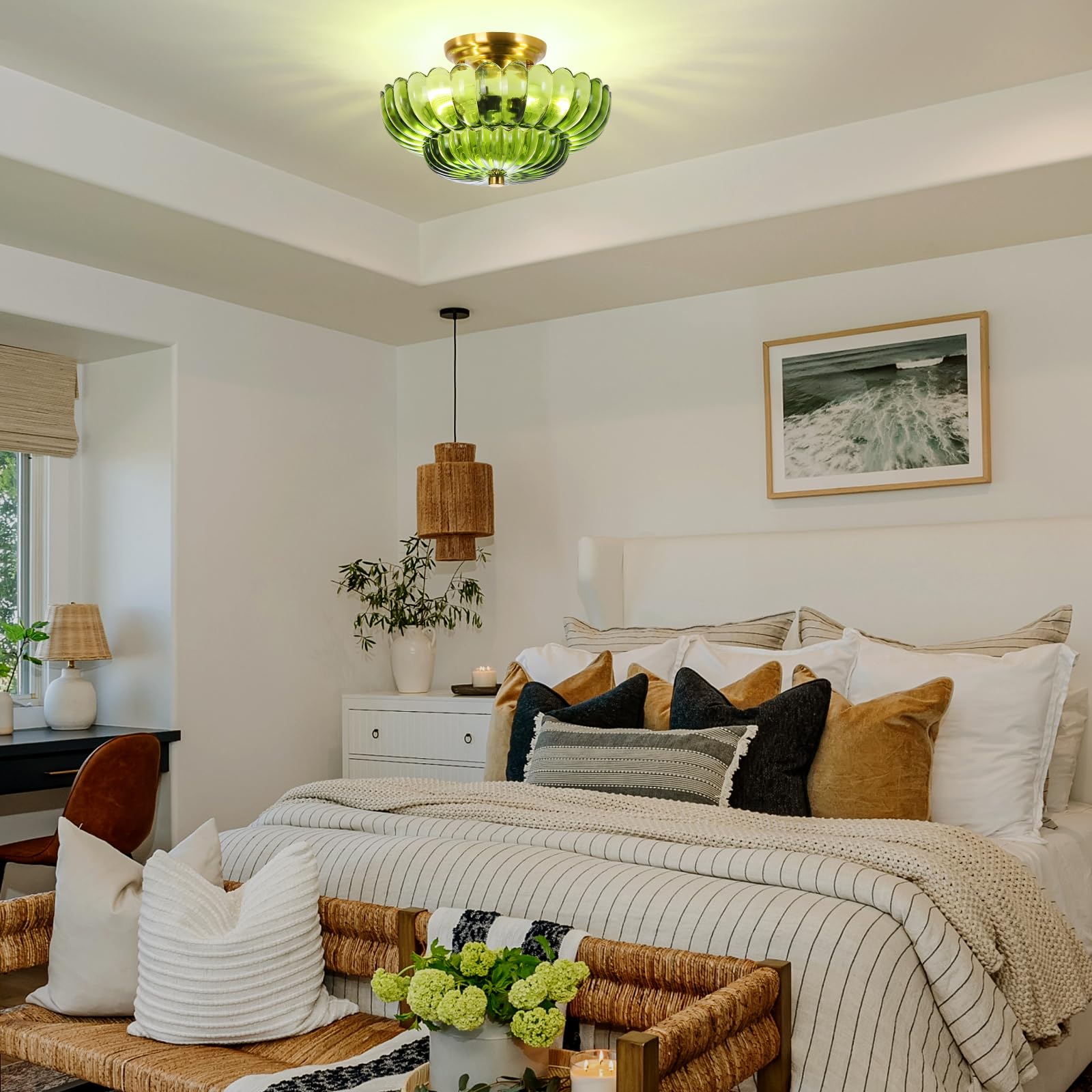 GloMuse brass-base ceiling light offers warm glow for bedrooms or halls.