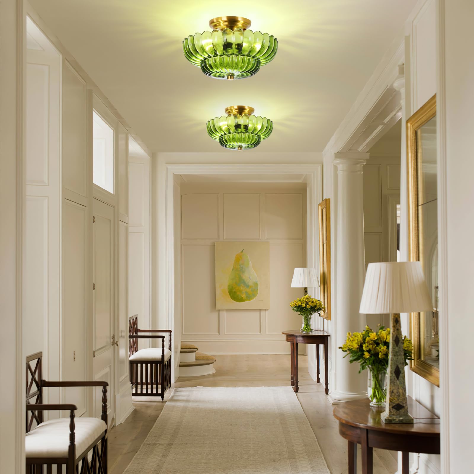 GloMuse vintage brass base with green shade highlights entryways with stylish illumination.